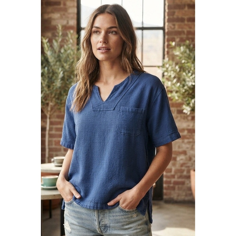 Drawstrings California V-Neck Top Women's M Blue Cotton Crinkle Preshrunk NWT